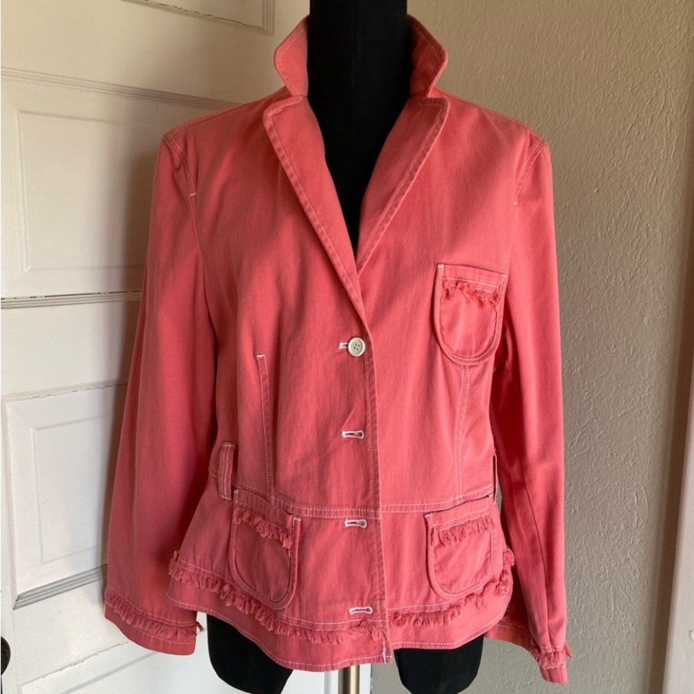 Coral Stretch Cotton Jean Jacket With White Topstitch